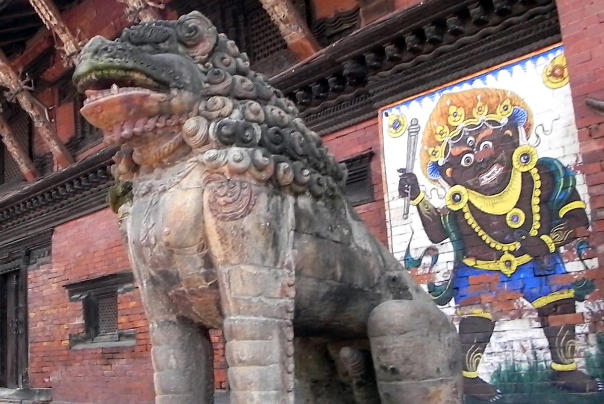 Kathmandu Patan Durbar Square Mul Chowk 02 Snow Lion And Painting Of Bhairab Outside The Entrance 